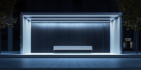 An illuminated bench stands elegantly in front of a building, accompanied by a tree that adds a touch of nature to the urban scene.