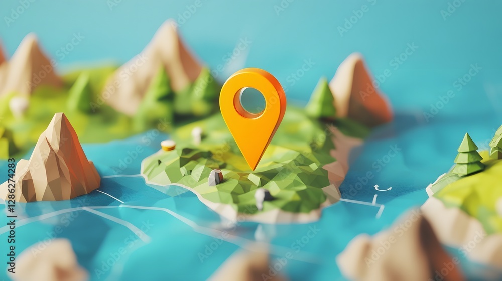 Aufkleber Minimalist mountain landscape background with stylized map location pin pointer symbol in vibrant blue green and yellow color scheme  Concept of adventure travel navigation and