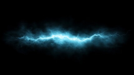 A jagged bolt of lightning cuts through the dark sky, illuminating the storm clouds with intense electric blue light, showcasing nature's powerful energy at night