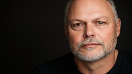 Obraz premium A mature man with salt-and-pepper hair gazes into the camera, raising his eyebrows and slightly opening his mouth, capturing a moment of genuine surprise