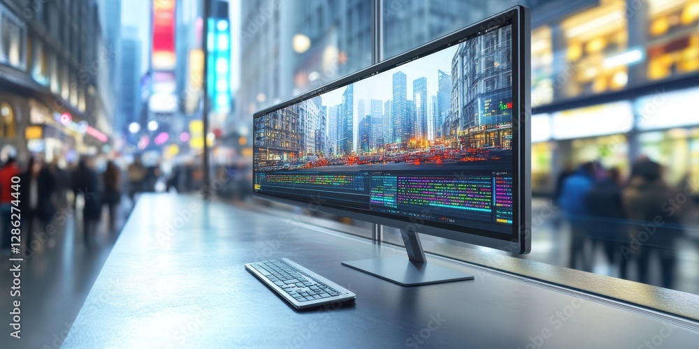 Poster a computer monitor and keyboard rest on a table, set against an urban backdrop, illustrating a moder