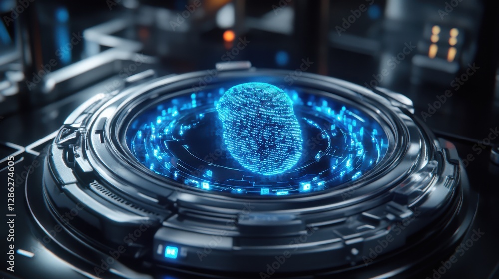 Aufkleber futuristic digital fingerprint unlocking encrypted files in holographic interface