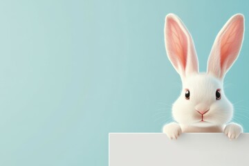Obraz premium A fluffy white bunny peeks over a blank sign against a soft pastel background. With large ears and an adorable expression, this illustration is perfect for Easter, spring, and cute animal themes.