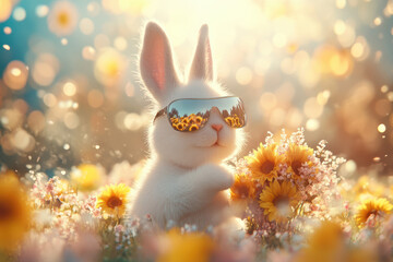 Obraz premium A white bunny exudes coolness in mirror-lens sunglasses, surrounded by Easter vibes. It holds a vibrant bouquet of sunflowers and cherry blossoms, capturing a futuristic and festive spirit.