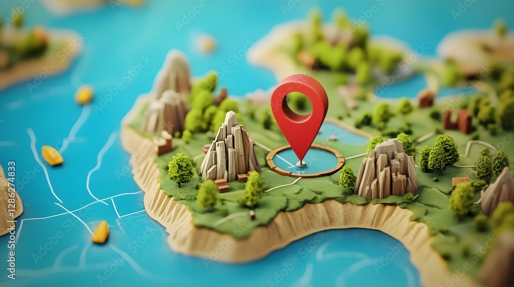 Poster Mountain Landscape with Navigator Pin Icon Placed on Digital Terrain Map Representing and Adventure Concept
