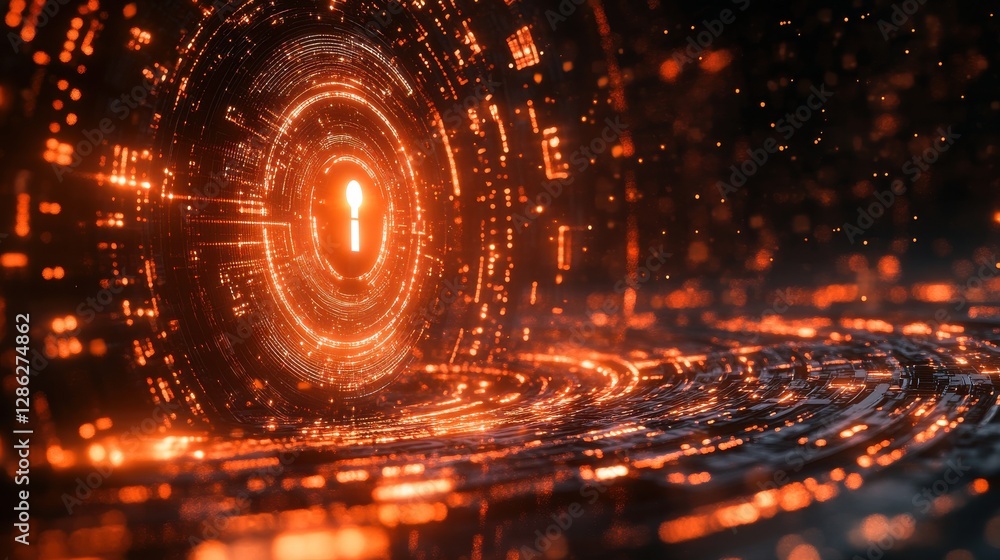 Poster futuristic glowing digital lock hovering over binary matrix tunnel