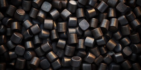 A close-up view of a stack of black metal cups against a dark background, highlighting their sleek design and texture.