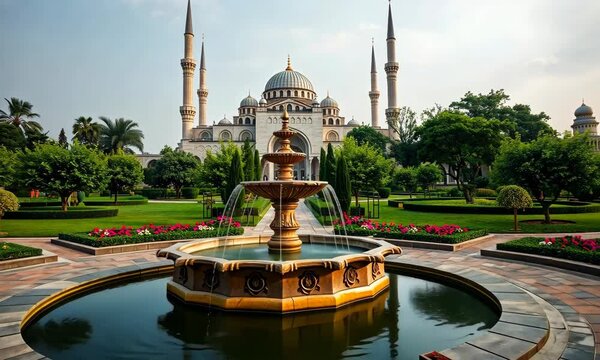Serene Mosque Fountain and Garden Landscape Photography