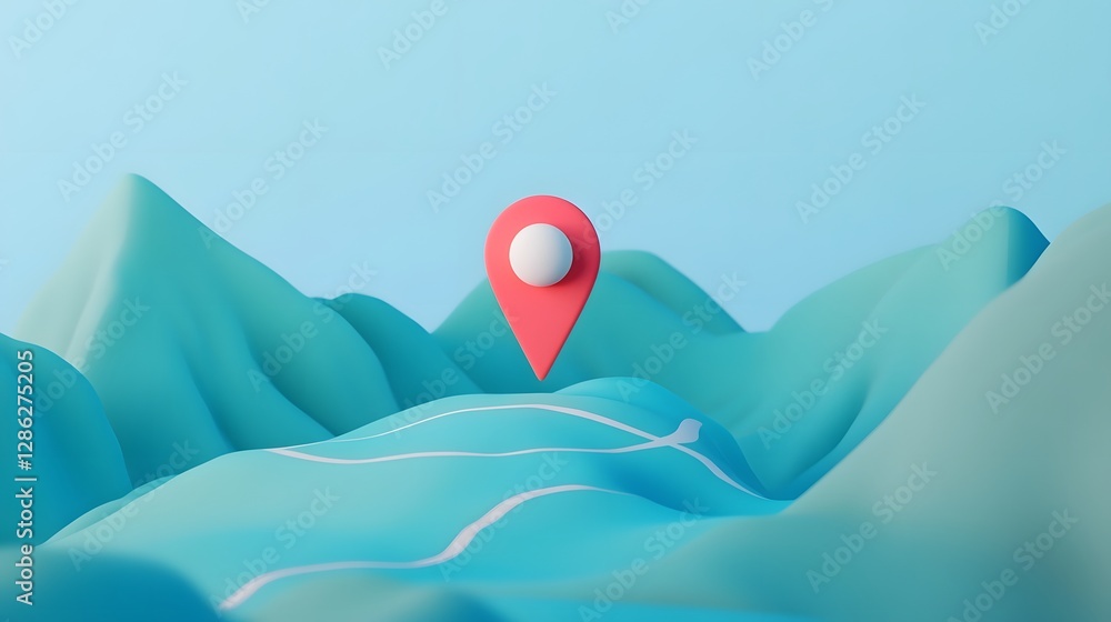 Poster mountain landscape with a bright red navigation pin marker on a digital minimalist and surreal backg