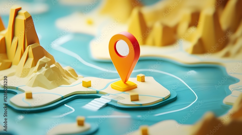 Poster mountainous landscape with a navigation marker pinpointing a hiking trail or trekking route on a 3d 