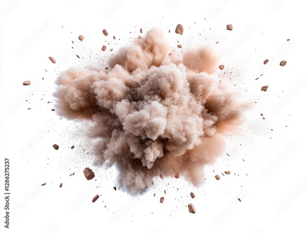Poster tan dust explosion isolated on white background. abstract cloud of dust particles and debris. high r