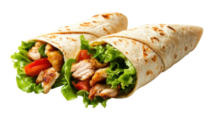 Freshly made wraps filled with grilled chicken, lettuce, and tomatoes ready to serve at a casual dining spot