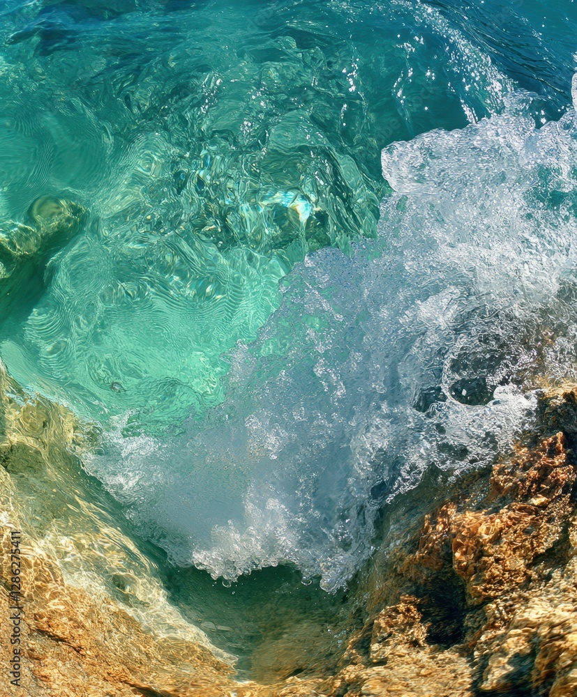 Poster a powerful wave crashes against a rock, creating a dynamic display of water and energy in a natural 