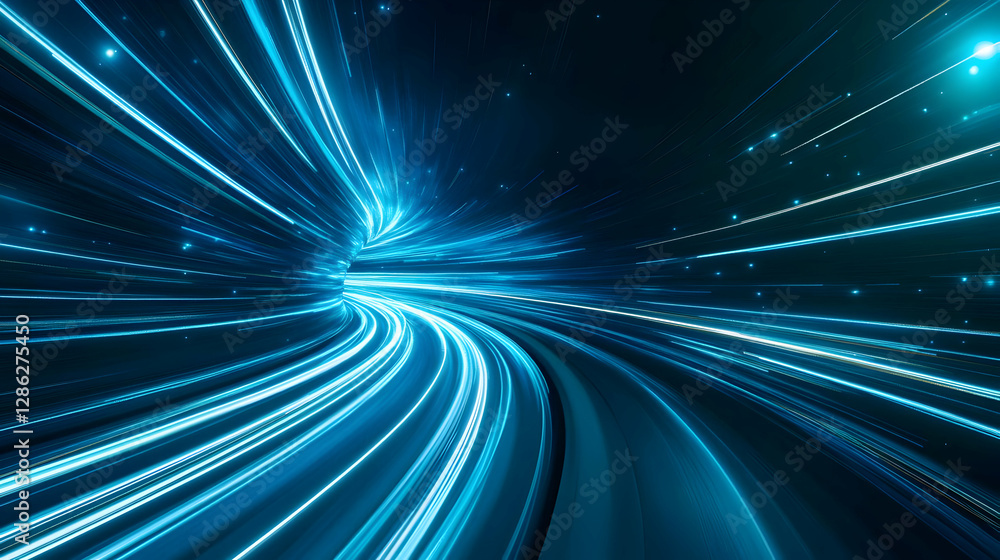 Poster a dynamic blue light trail representing speed and innovation, ideal for tech concepts or futuristic 