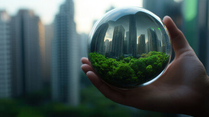 hand holding glass sphere reflecting futuristic city and green trees, symbolizing harmony between nature and urban life