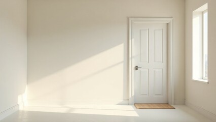 Fototapeta premium Sunlight Illuminates an Empty Room with a Closed White Door and a Small Mat