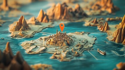 Mysterious and enchanting fantasy island archipelago with towering rugged cliffs rocky islets and turquoise blue ocean waters  Cinematic and dramatic landscape filled with surreal