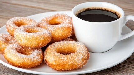 Sweet sugar doughnuts arranged on a white plate next to a cup of black coffee on a wooden table. A simple breakfast or brunch scene