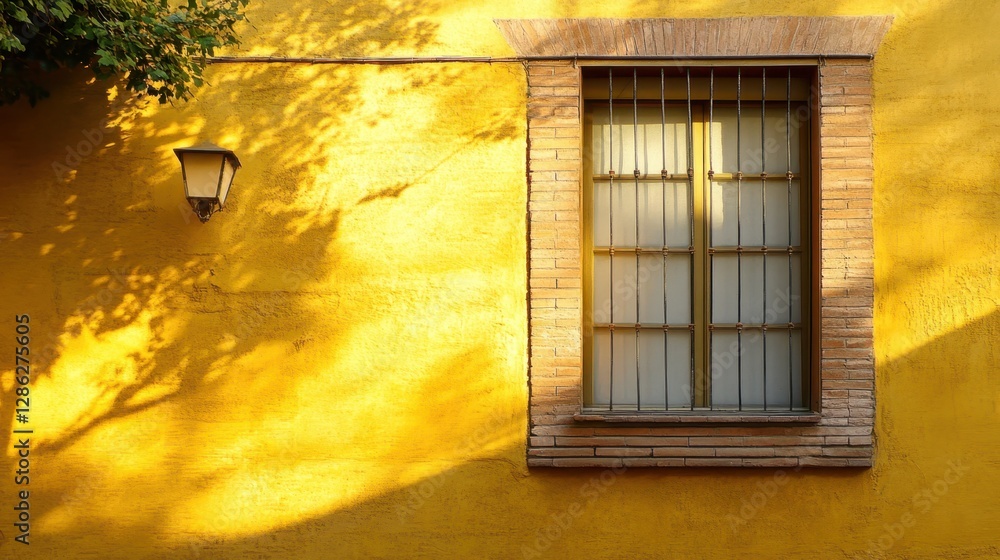 Poster a vibrant yellow wall features a stylish window and a modern lamp, creating a warm and inviting atmo