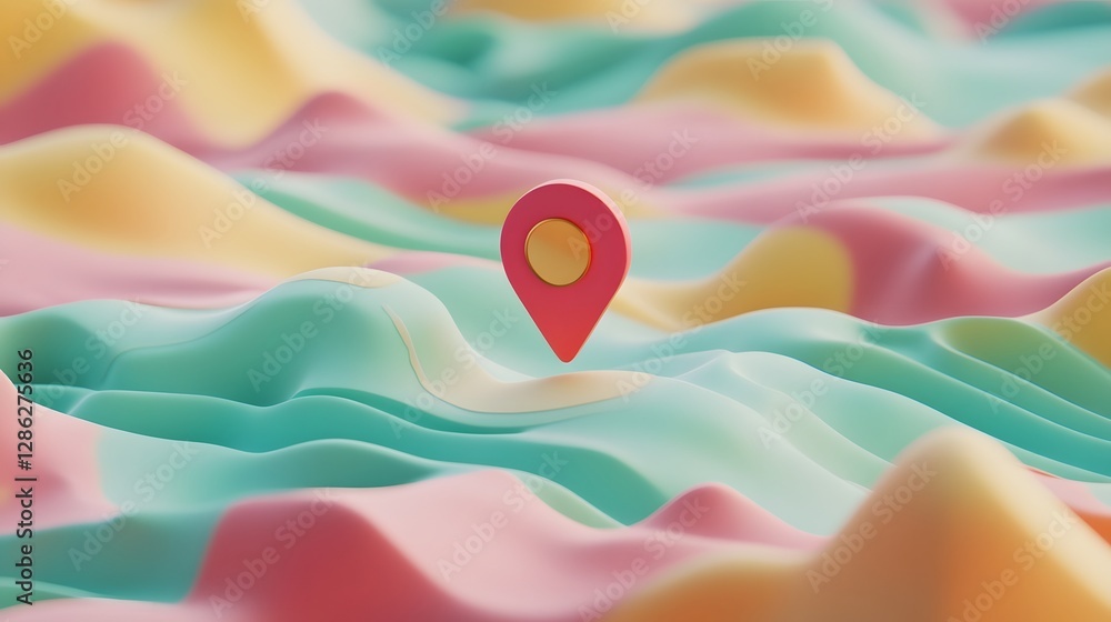 Poster Mystical mountain landscape with abstract map pointer or navigation symbol on a soft plush fabric background in pastel colors