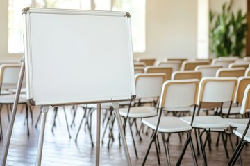 A spacious room features numerous chairs arranged neatly, accompanied by a whiteboard mounted on a stand for presentations or discussions.
