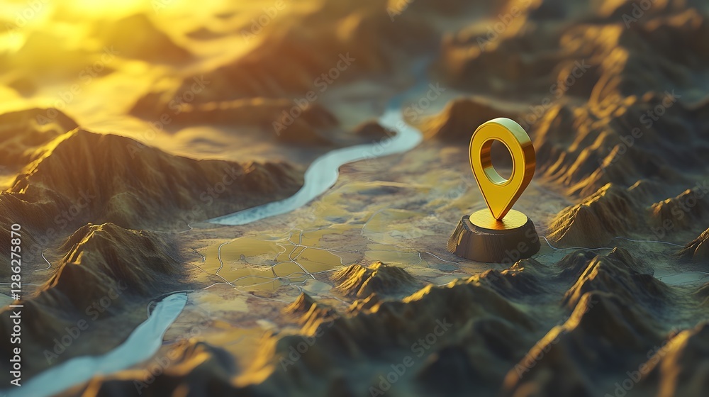 Poster Navigating the Rugged Terrain A Mapping Pin Pointing the Way to Scenic Wilderness Adventure  This image depicts a yellow map pin or pointer placed on a detailed topographic landscape