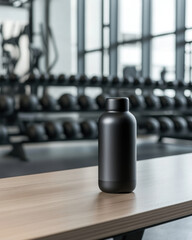 sleek black sports bottle on gym bench, surrounded by weights, perfect for fitness enthusiasts and mockup