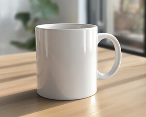 Fototapeta premium blank white ceramic mug on wooden table, perfect for branding or personal use