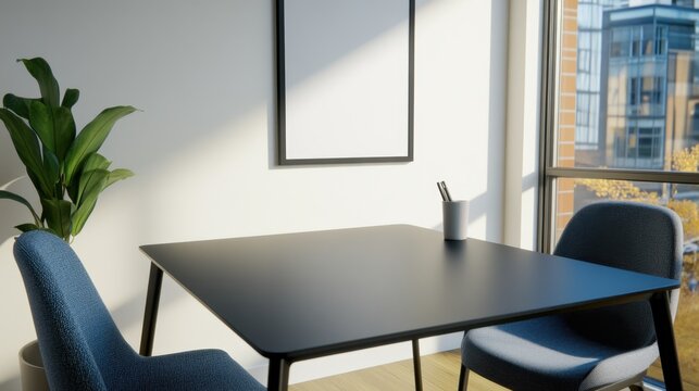 Sunlit modern office interior with black table, two blue chairs, potted plant, and blank frame. Minimalist workspace with natural light