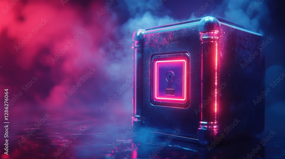 Poster glowing high tech safe with cryptographic key access in moody lighting