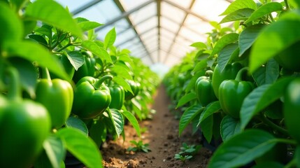 Lush Green Peppers Thriving in a Sunlit Greenhouse, Vibrant Foliage and Immature Produce Growing Abundantly
