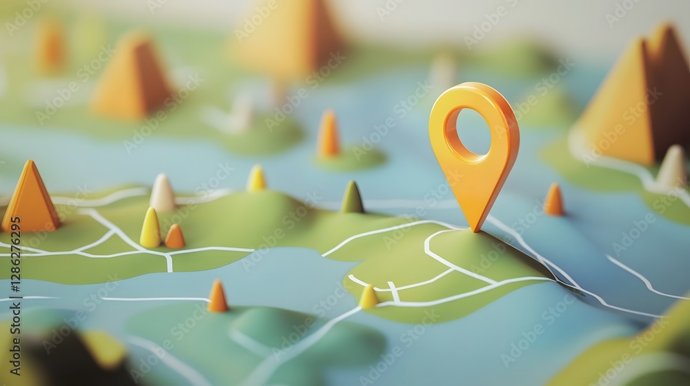 Poster Navigational map landscape with GPS location pin pointer highlighting scenic route through hilly mountainous terrain for outdoor journey planning