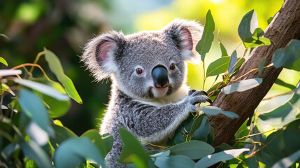 Obraz premium A tiny baby koala, surrounded by lush eucalyptus trees