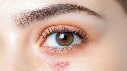 Closeup shot of healing acne scars on cheek in soft natural lighting highlighting skin texture and recovery effects