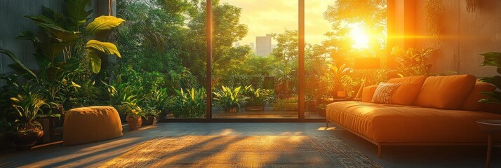 Sunlit living room with orange sofa and lush greenery.