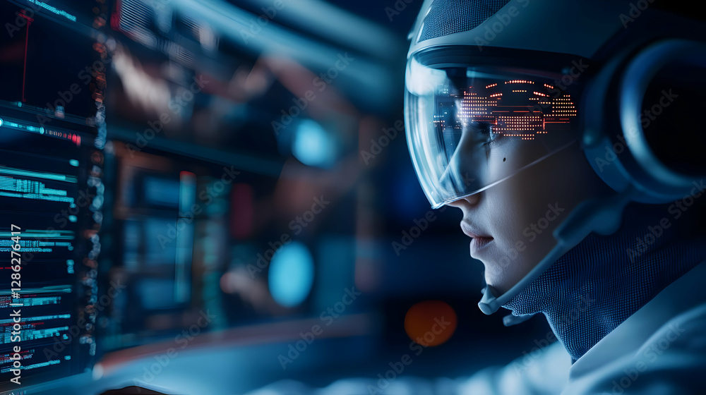 Poster a futuristic astronaut engages with advanced technology, displaying data and information in a high-t