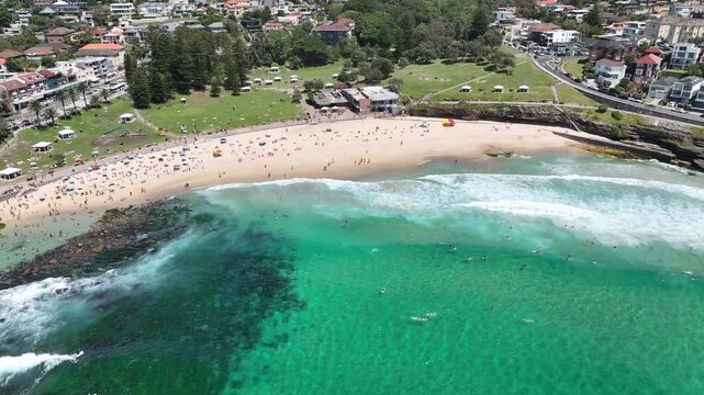 Surfers Bronte Beach Aerial Footage Sydney Australia 4k Sunny