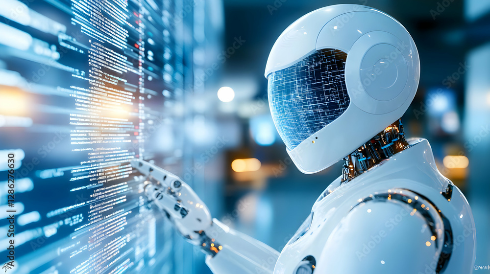 Poster a futuristic robot interacts with a digital interface, symbolizing advancements in artificial intell