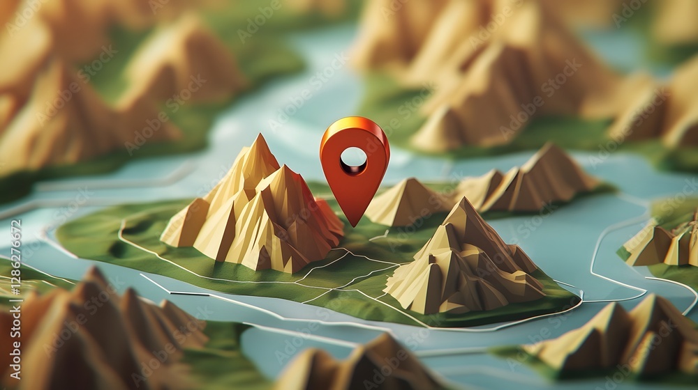 Aufkleber Navigational Mountain Landscape with Stylized GPS Location Pointer Icon Highlighting a Destination or Trail on a Digital Map or Application
