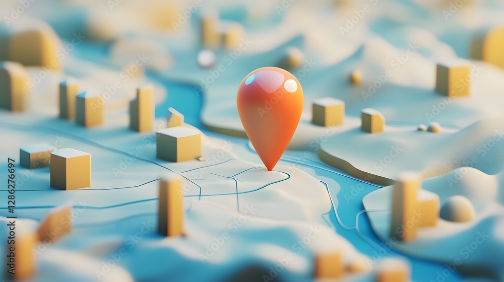 Aufkleber Navigational Pin Marker on 3D Topographical Map Layout for Travel Adventure and Strategic Planning Concepts