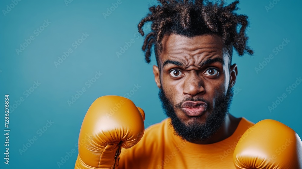 Poster man with dreadlocks is wearing a yellow boxing glove and looking angry. he is in the middle of a box