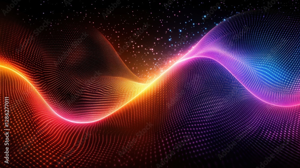 Poster mesmerizing digital abstract quantum landscape with swirling particles and waves of light