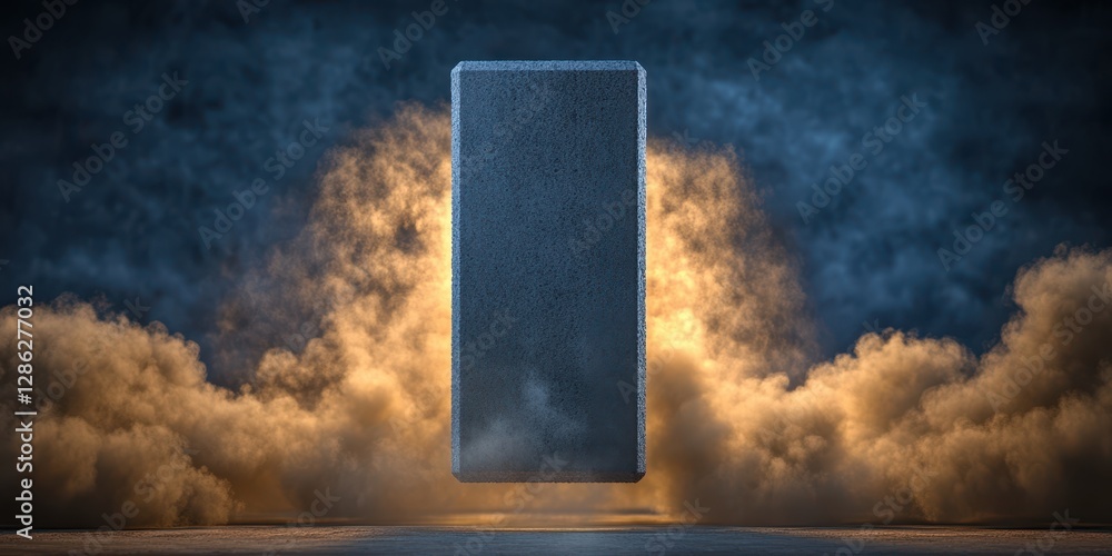 Poster a large metallic object emerges from a dense cloud of smoke, creating an intriguing visual contrast 