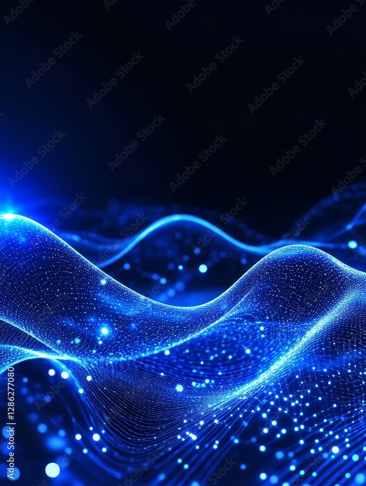 Poster abstract blue wave data flow - glowing blue waves of data flow and connect, creating an abstract tec