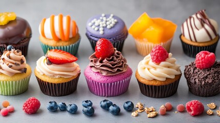 Dessert collage with cupcakes, colorful macarons, fruit tarts, and drizzled chocolate, styled for vibrant and playful marketing.