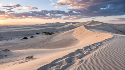 Awe inspiring sand dunes shaped by natural forces give sense of wonder under sky brushed with sunrise colors