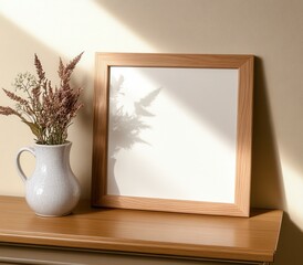 Wooden frame mockup with dried flowers in a speckled pitcher on a light wooden surface, bathed in sunlight. Neutral color palette, minimalist style