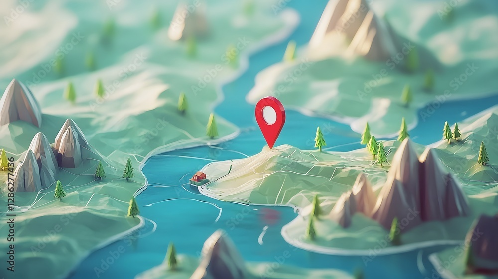 Poster Navigational Pointer Marking a Destination in a Breathtaking Mountainous Landscape with a Meandering River Evoking a Sense of Adventure and