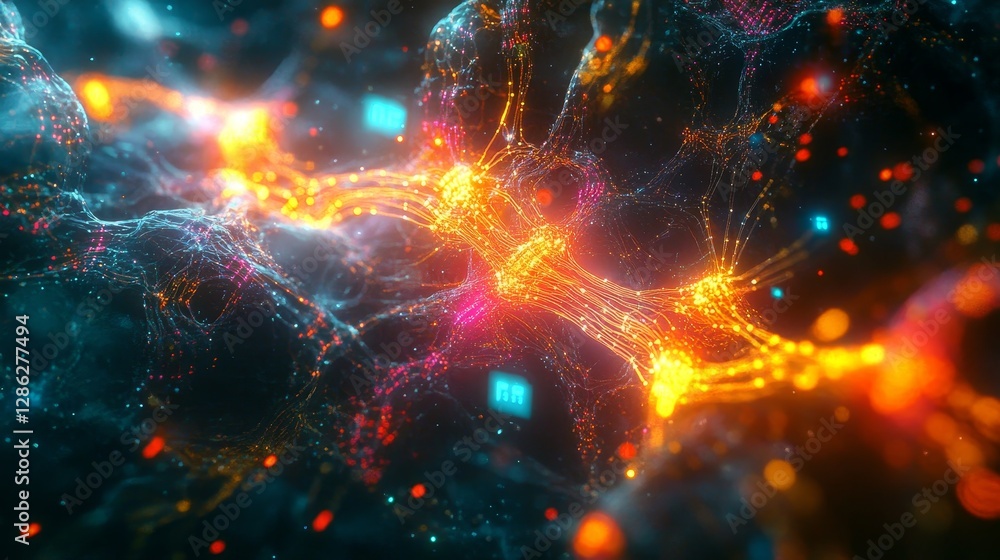 Poster abstract energy network - glowing energy streams and particles form a complex network, creating a vi