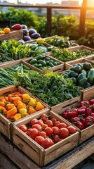 Farmers market scene showcasing colorful vegetables in warm evening light realistic agricultural surplus sales urban rooftop garden